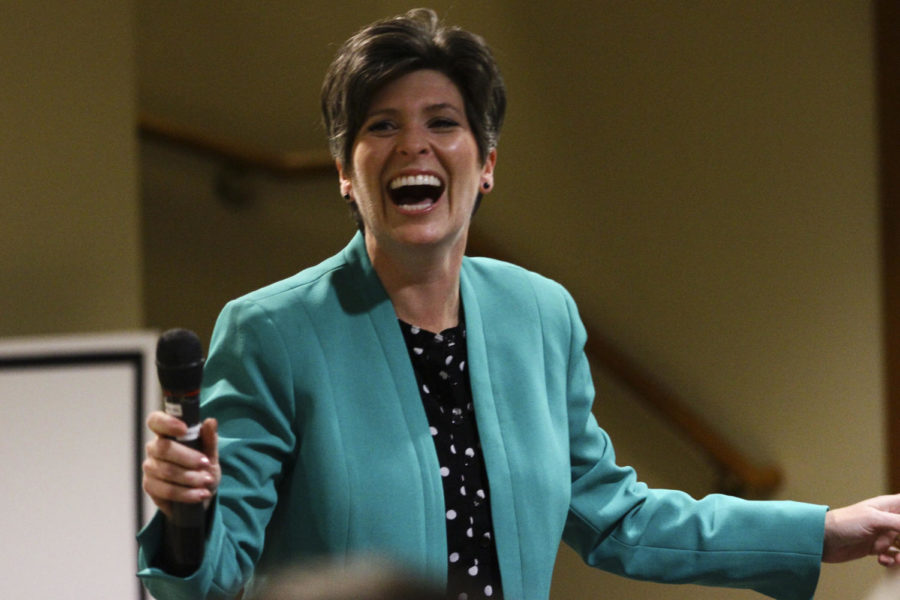 Joni Ernst during a visit to Alpha Gamma Rho Fraternity at Iowa State on Nov. 3, 2014, during her 24 hour tour across Iowa while campaigning for U.S. Senate.