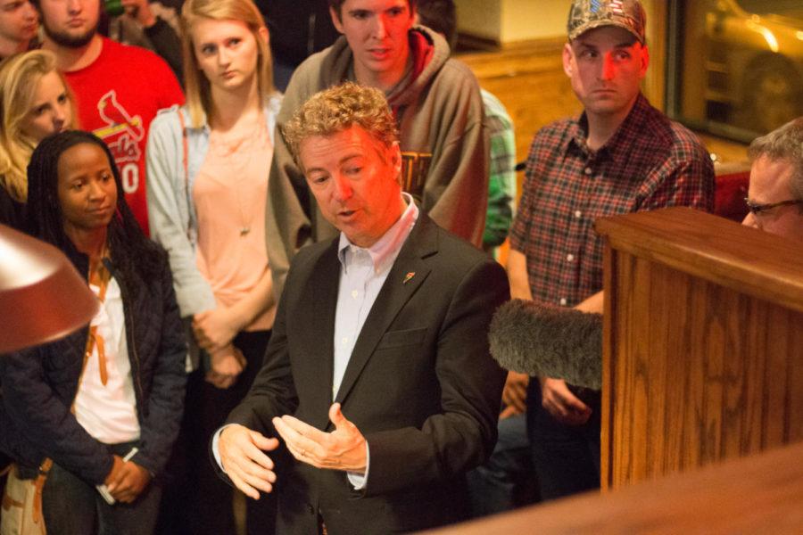 Republican presidential candidate and Kentucky senator Rand Paul speaks with supporters at Jeffs Pizza Wed. night. Paul spent the day in Iowa as part of a grassroots swing, starting the day in Council Bluffs, and ending in Ames. 
