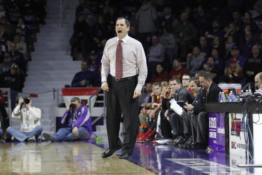 ISU coach Steve Prohm yells near his bench during the game against Kansas State on Jan. 16, 2016 at the Bramlage Coliseum in Manhattan, Kan. The Cyclones won the game 76-63, snapping a two-game losing streak.