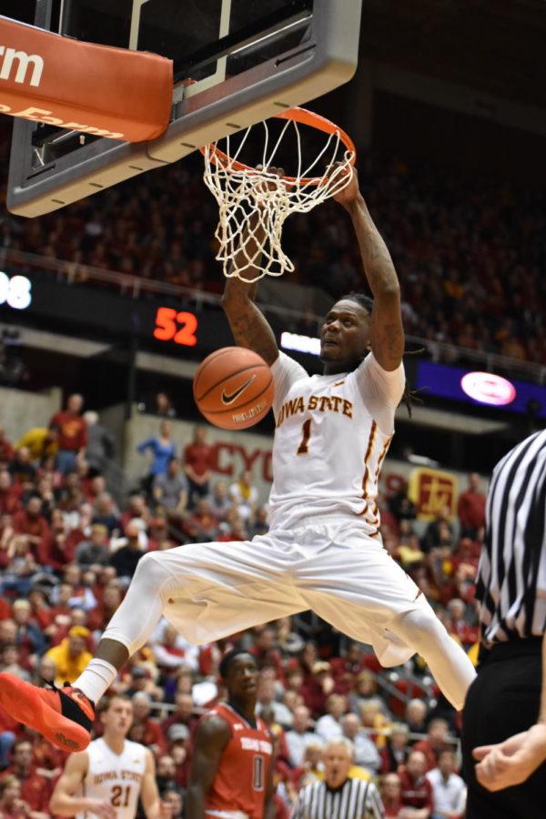 Jameel McKay, redshirt senior forward, dunks during the basketball game against Texas Tech on Jan. 6. McKay scored 19 points, helping ISU win 76-69.