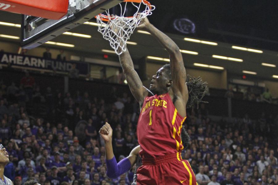 Jameel McKay gets fouled while attempting a dunk against Kansas State on Jan. 16, 2016 at the Bramlage Coliseum in Manhattan, Kan. The Cyclones won the game 76-63, snapping a two-game losing streak.
