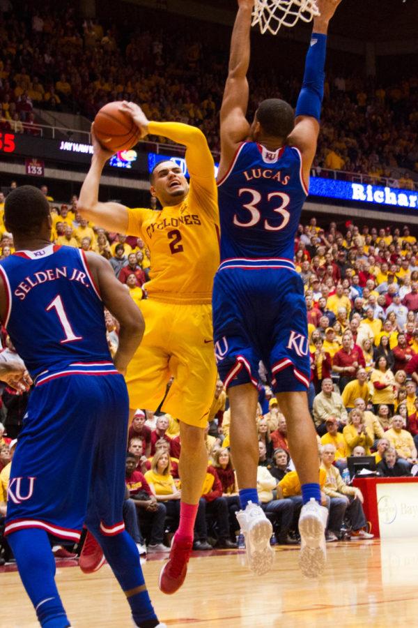 Abdel Nader goes up for a shot against Kansas on Monday night at Hilton Coliseum. The Cyclones were fueled by second-half run to knock off the Jayhawks, 85-72. 