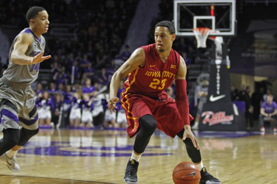Junior Jordan Ashton drives to the hoop against Kansas State on Jan. 16, 2016 at the Bramlage Coliseum in Manhattan, Kan. Ashton earned his first significant minutes of the season Saturday after ISU coach Steve Prohm announced that Hallice Cooke would face a one-game suspension for a violation of team rules.