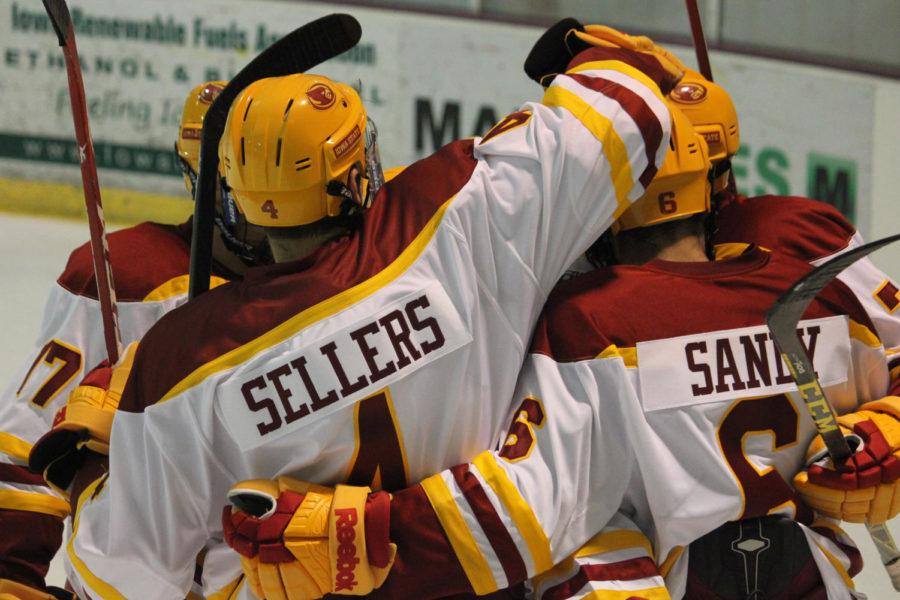 Division I Cyclone Hockey celebrates their first goal during the second period Friday evening against the Ohio Bobcats. Iowa State fell 5-4.