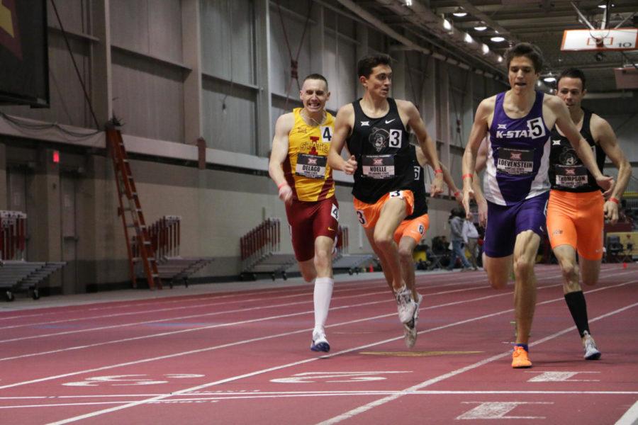 ISU junior Christian DeLago sprints toward the finish line during the mens 1000-meter during the Big 12 Indoor Championships at the Lied Rec Center on Feb. 26. DeLago placed seventh in the preliminaries with a time of 2:25.65.