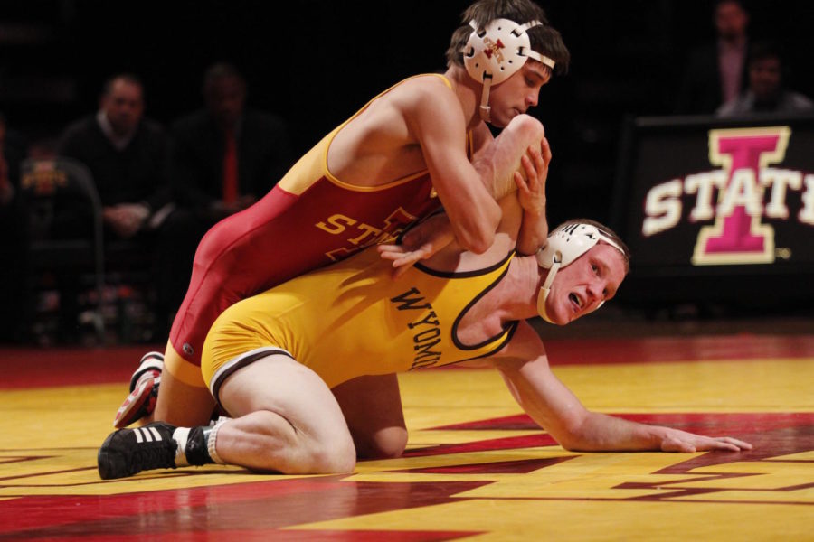 Gabe Moreno, redshirt junior, wrestled in the 149-pound class during the match against University of Wyoming on Dec. 12.