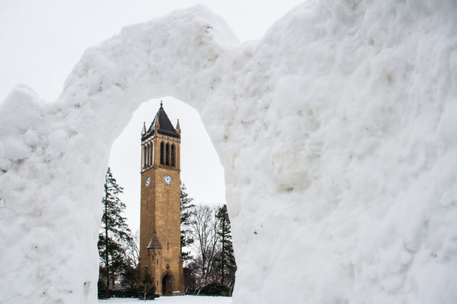 The Campanile can be seen through a snow for on central campus, during the afternoon of Feb 2.  