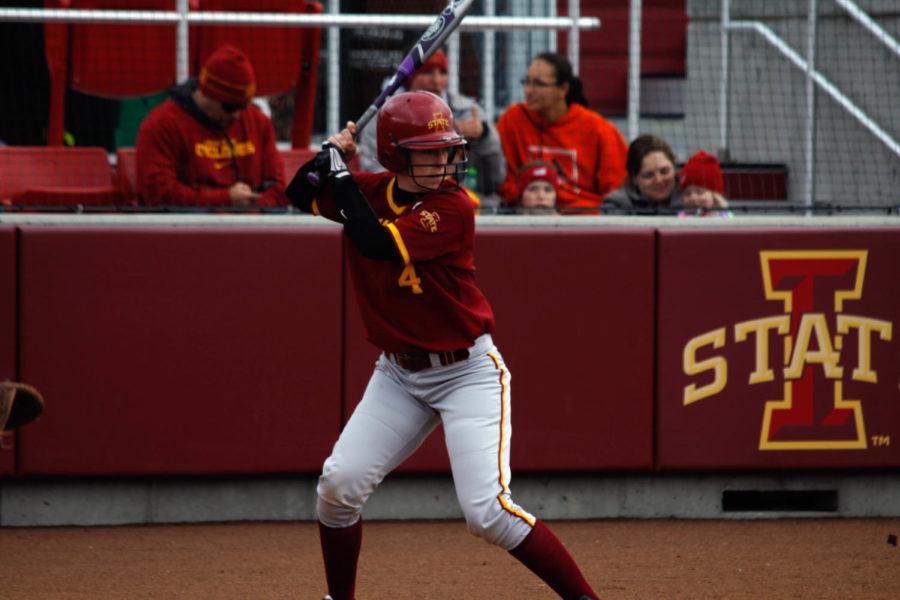 Rachel Hartman, freshman catcher for the Cyclones, stood ready to hit during her game against Omaha on April 16. Hartman finished 1-3 for the game. The Cyclones lost to the Mavericks by a score of 2 to 3. 