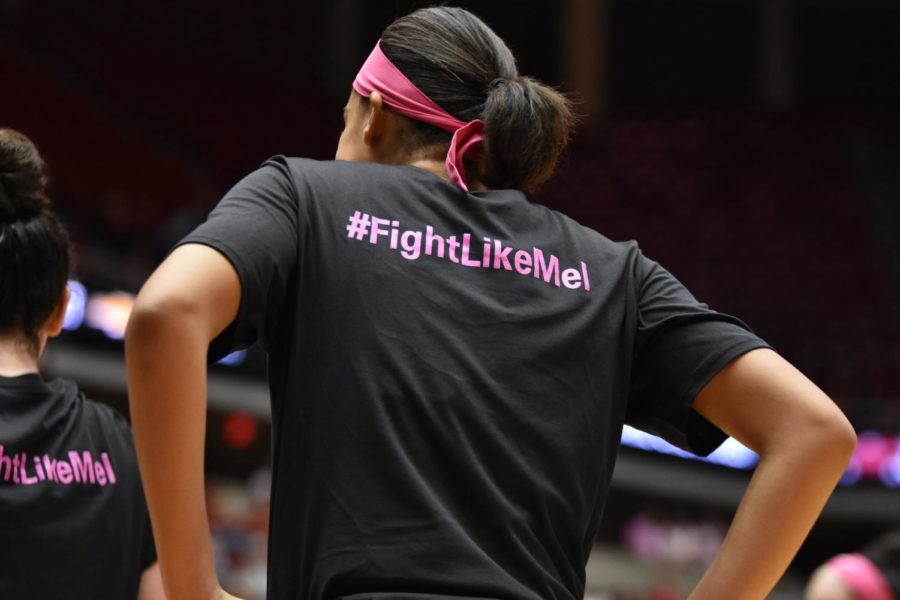 ISU Women's Basketball wore shirts reading "#FightLikeMel" in honor of cancer awareness at the Texas Tech game on Feb. 17.