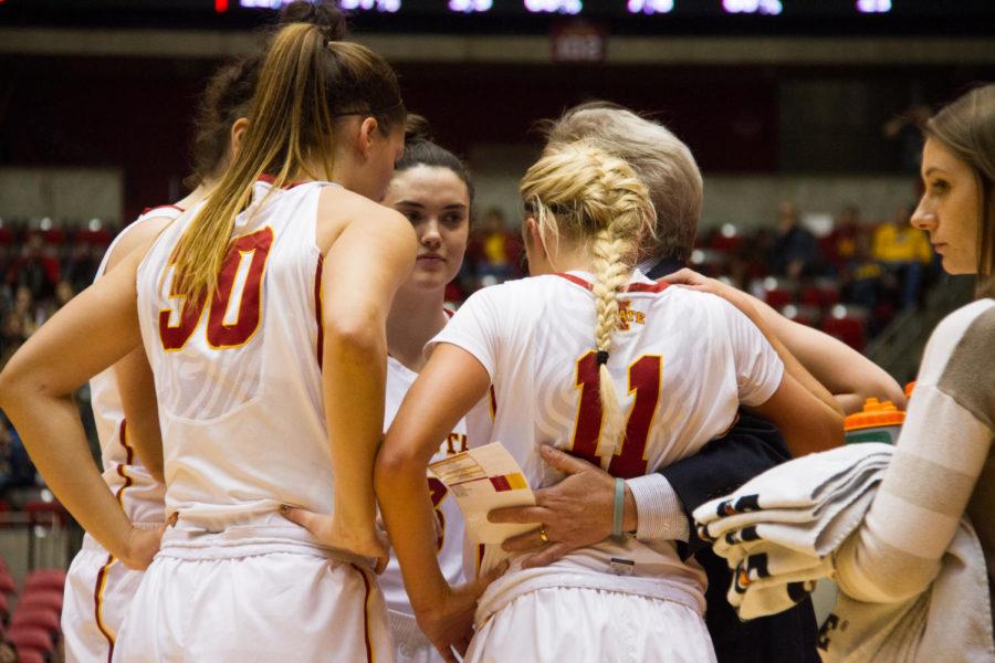 The Cyclones huddle up during an injury timeout Jan. 23 in Hilton Coliseum against the Baylor Bears.  The Cyclones lost 77-61. 