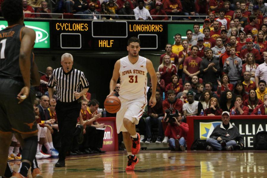 Senior Georges Niang runs down the court during the game against Texas Feb. 13. The Cyclones would go on to defeat the Longhorns 85-75.
