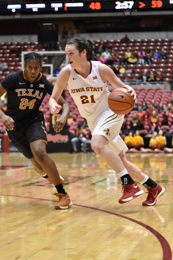 Freshman guard Bridget Carleton had five rebounds at the Texas game Feb. 6 at Hilton Coliseum.