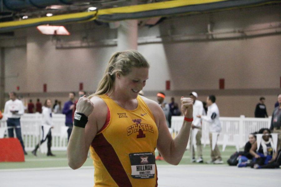 Senior Christina Hillman celebrates a season best during the womens shot put finals at the Big 12 Indoor Championships at the Lied Rec Center on Feb. 27. Hillman placed first with a best throw of 17.93 meters. 