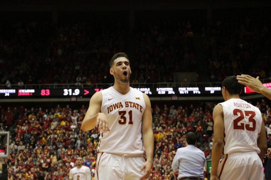 Senior Georges Niang celebrates a point during the game against Texas Feb. 13. The Cyclones would go on to defeat the Longhorns 85-75.