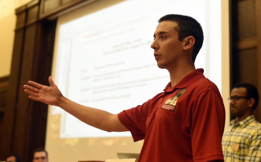 Vice President Cory Kleinheksel speaks Monday during the first meeting of the Graduate and Professional Student Senate in the South Ball Room of the Memorial Union in Ames.