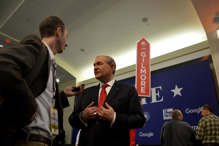 Republican presidential candidate Jim Gilmore speaks to the media after the Fox News Republican debate at the Iowa Events Center in Des Moines, Iowa on Thursday, Jan. 28, 2016.