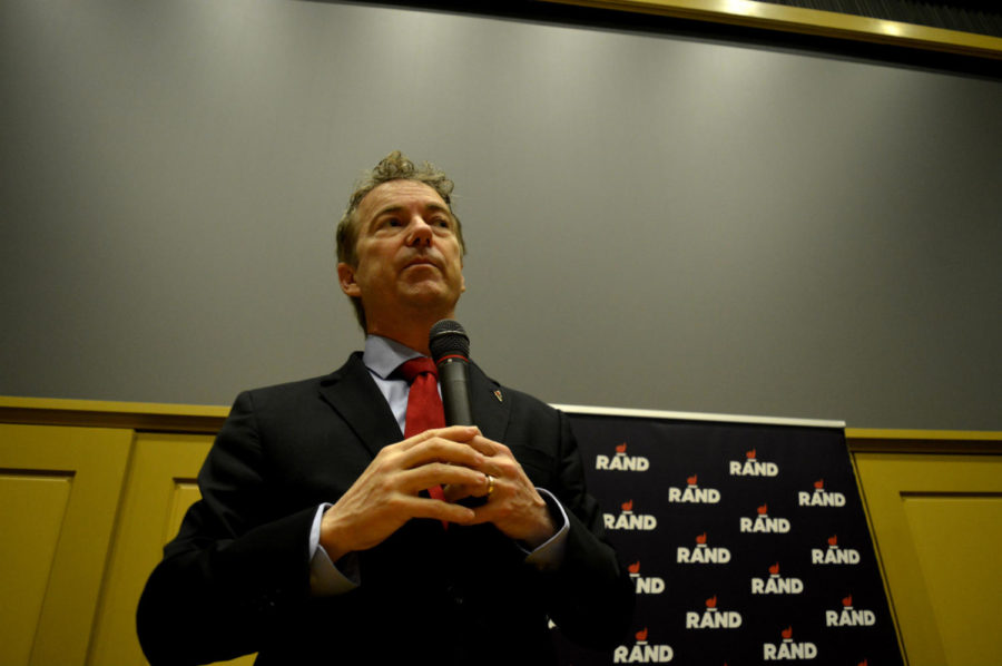 U.S. Sen. Rand Paul, 2016 Republican presidential candidate, during a pre-caucus rally at Iowa State University in Ames, Iowa on Monday, Feb. 1, 2016.