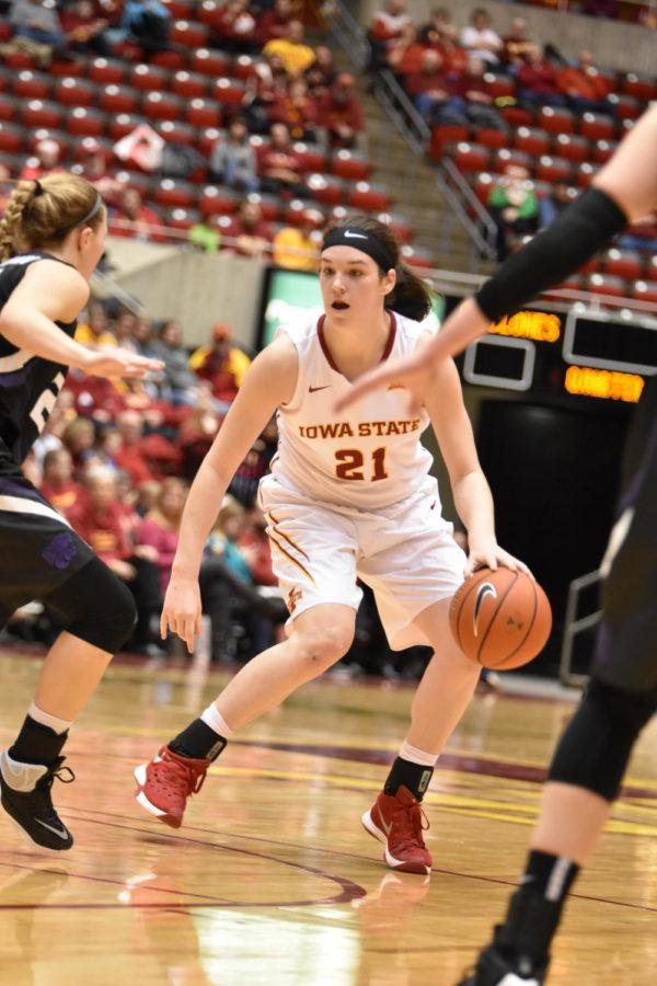 Freshman guard Bridget Carleton scored 11 points at the Kansas State game on Feb. 24. This was her 17th game with 10 or more points. ISU lost 68-53.