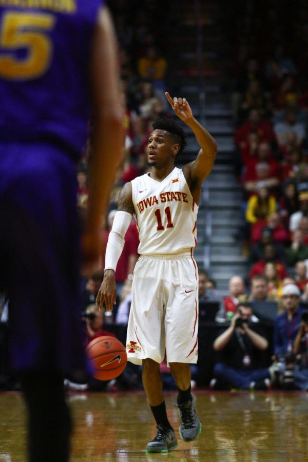 Iowa State junior guard Monte Morris calls out a play during the game against UNI at Wells Fargo Arena. The unranked Panthers would go on to give Iowa State their first loss of the season, defeating the Cyclones 81-79.