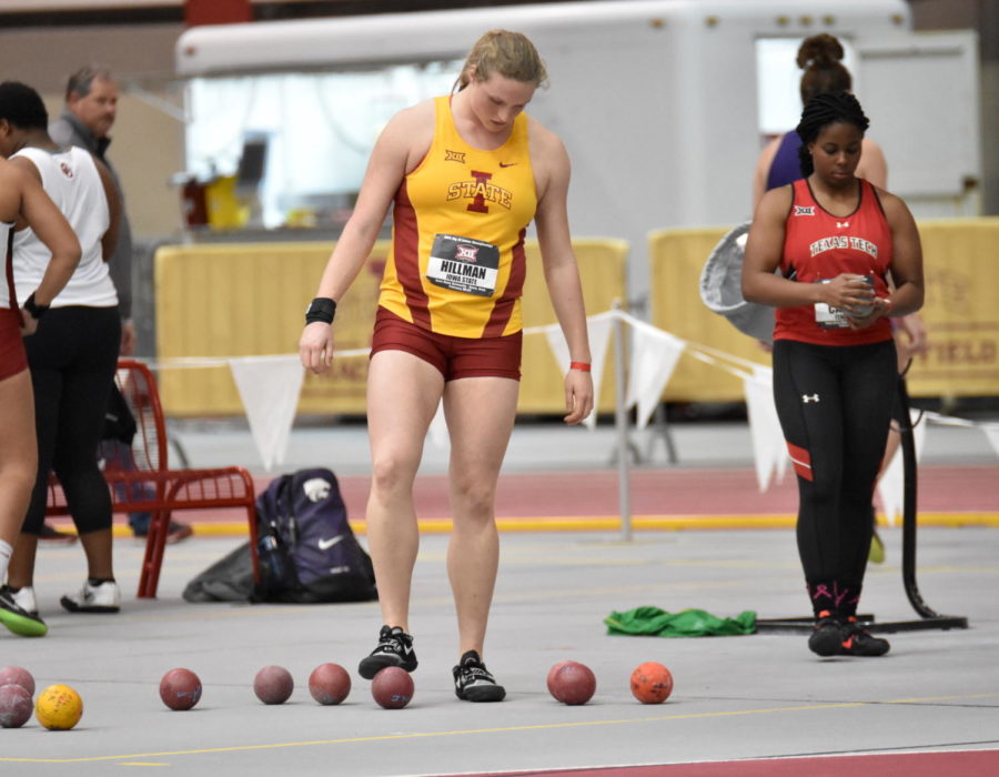 Redshirt senior Christina Hillman competes in the shot put at the Big 12 Indoor Track & Field Championship on Feb. 27. Hillman won the championship for the shot put.