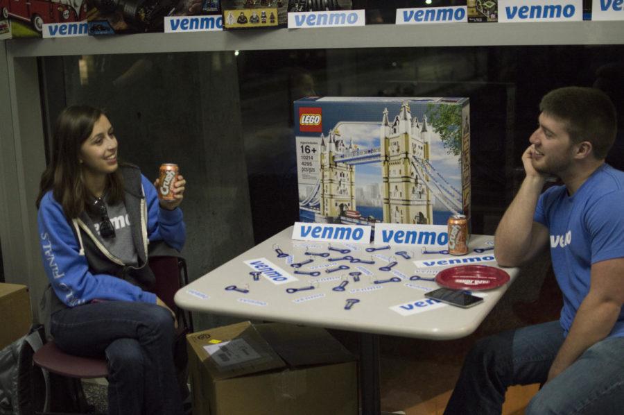 A Venmo booth is set up in the Howe and Hoover Hall skybridge for ISU Hackathon 2015 on Friday.