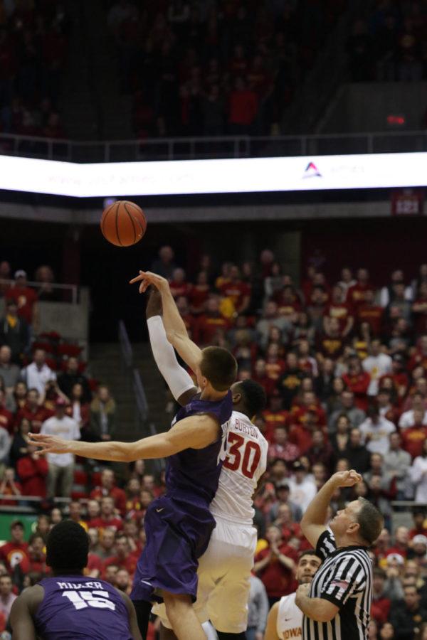 Deonte Burton and TCUs Vlad Brodziansky tip off during the game Feb. 20. The Cyclones defeated the Horned Frogs 92-83.  