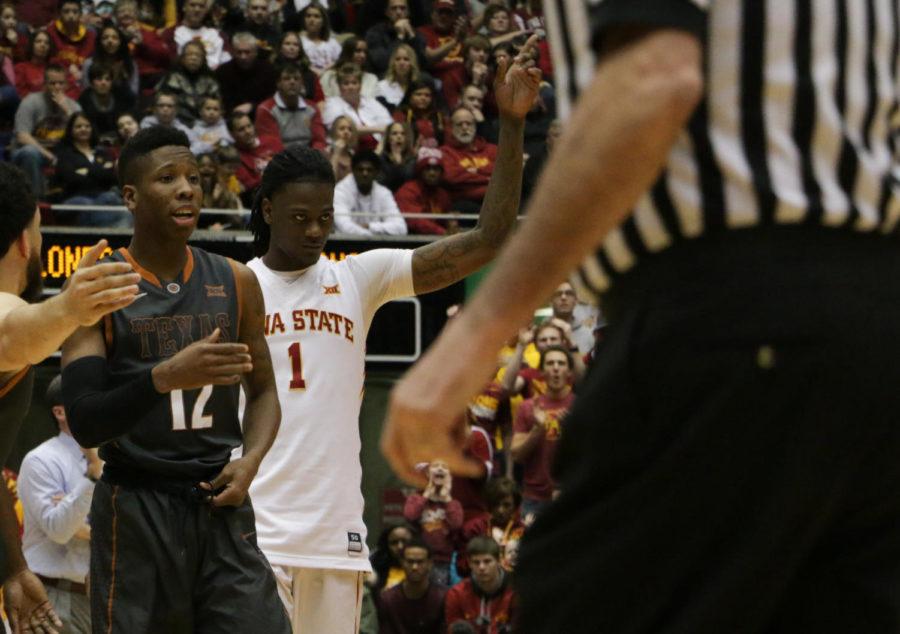 Jameel McKay salutes the audience after being suspended for two games. McKay would go on to play for 22 minutes, contributing to the Cyclones 85-75 win over Texas. 