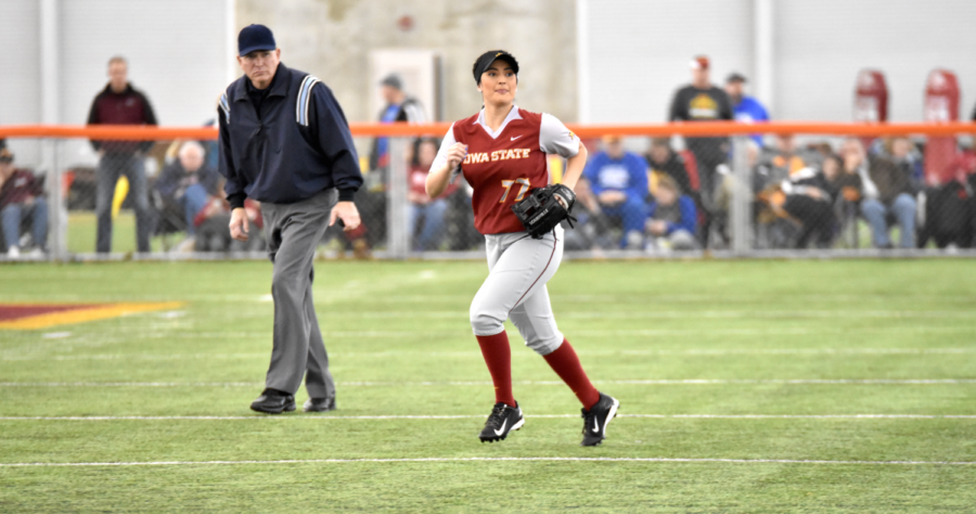 Sophomore infield Nychole Antillon runs to the ball at the softball game against IUPUI on Feb. 12.