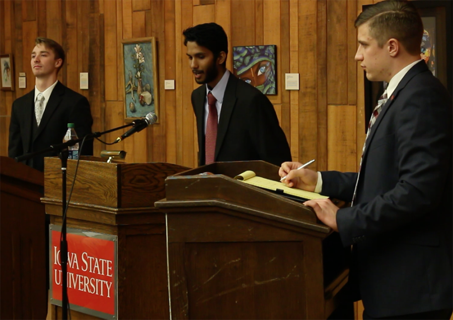 Left to right, Zackary Reece, Raghul Ethiraj and Cole Staudt question each others platforms during the 2016 Student Government Presidential Debate on Feb. 26.