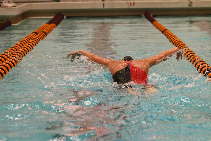 Iowa State senior Kaylee Kucera swims the 200 yard butterfly. The Iowa State swim team hosted the annual Cy-Hawk swim meet at Beyer Hall Fri. night. The Hawkeyes would go on to win every event, contributing to the teams 190-93 win. 