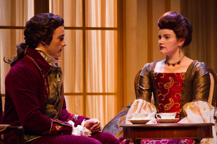 Le Victome de Valmont (left) and La Marquise de Meurteuil (right) discuss their plans of seduction and revenge. Additional showings will be held at 7:30p.m. Friday and Saturday and at 2 p.m. Sunday.