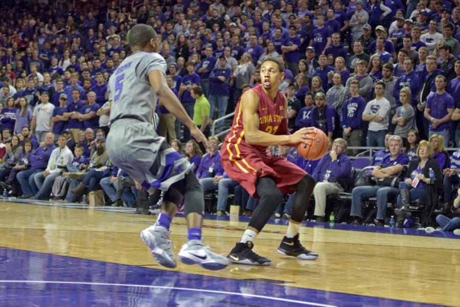 Jordan Ashton makes a move to the basket against Kansas State on Jan. 16, 2016 at the Bramlage Coliseum in Manhattan, Kan. Ashton earned his first significant minutes of the season Saturday after ISU coach Steve Prohm announced that Hallice Cooke would face a one-game suspension for a violation of team rules.