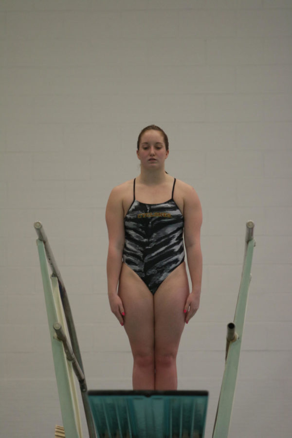 Elyse Brouillette, senior, prepares to perform a dive during the meet against the University of Illinois Fri. night. 