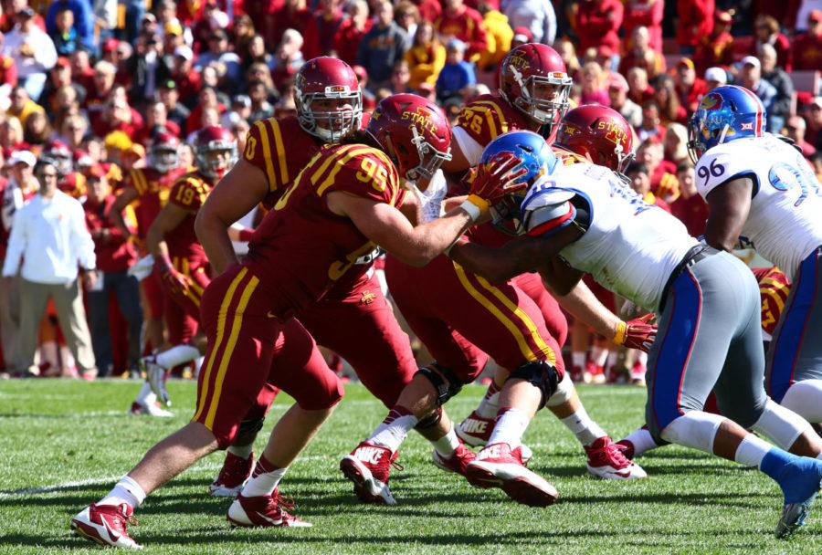 ISU tight end Ben Boesen blocks Kansas defensive end Ben Goodman Oct. 3. The Cyclones would go on to beat the Jayhawks 38-13. Boesen was one of the rarely-used tight ends last season, only getting four receptions. 