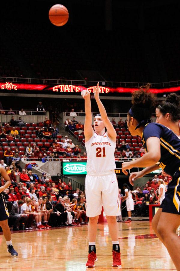 Freshman Bridget Carleton takes a shot during a game against the West Virginia University Mountaineers, March 1 in Hilton Coliseum. The Cyclones would go on to lose 82-57.