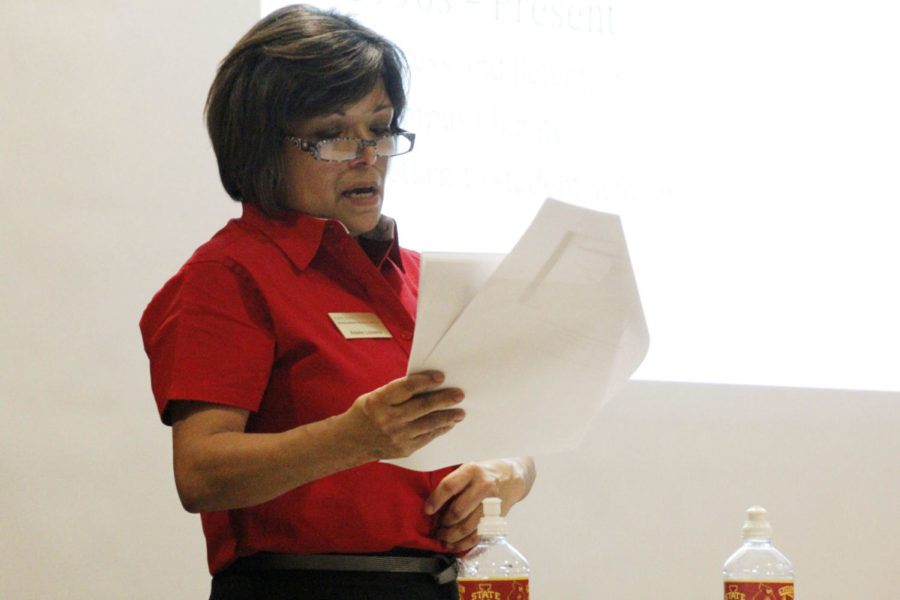 Adele Lozano, program coordinator for Multicultural Student Affairs, gives her presentation about Latino cultural centers at the ISU Conference on Race and Ethnicity on March 1, 2013, at the Memorial Union.