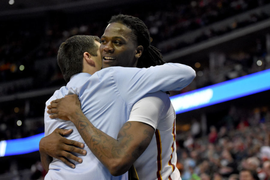 Head coach Steve Prohm and redshirt senior Jameel McKay hug after the 78-61 win against Little Rock at the NCAA Tournament second round on March 19. This was Iowa States first time meeting Little Rock in series history. ISU advances to the Sweet 16 at the United Center in Chicago against Virginia on March 25.