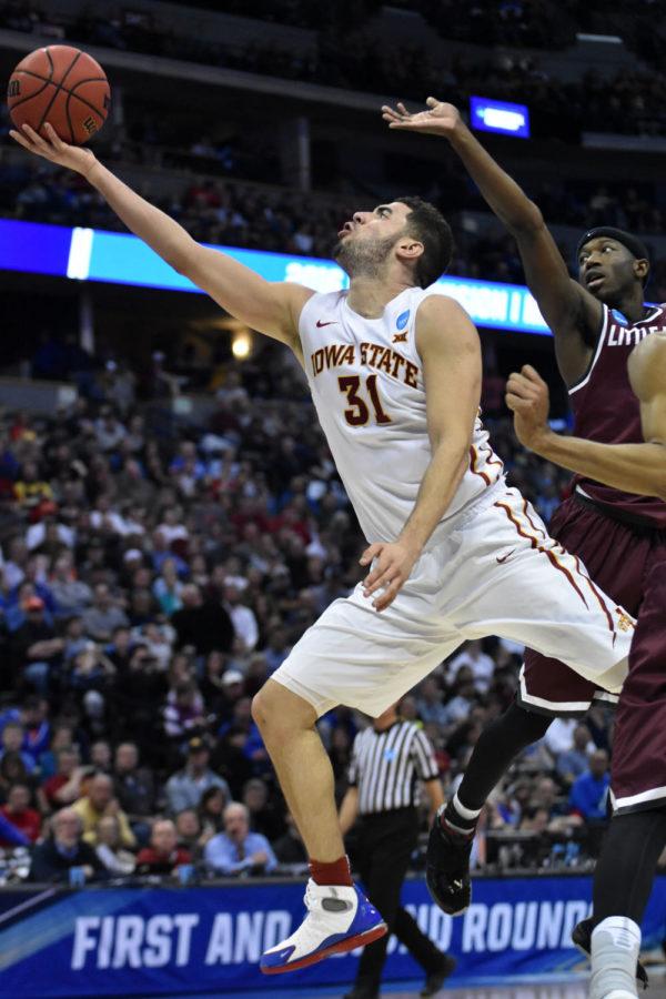 Senior forward Georges Niang makes a layup at the second round of the NCAA Tournament on March 19. Niang scored 28 points in the game. He is now the second all-time scorer in ISU history with 2,198 career points. Iowa State won 78-61 and will play in the Sweet 16.