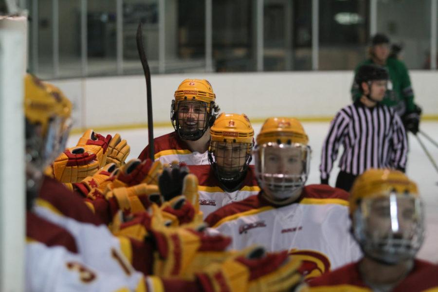 Cyclone hockey players are congratulated by their teammates after getting a goal during the game against the Twin City Steel on Friday night. The Cyclones went on to beat the Steel 5-2. 