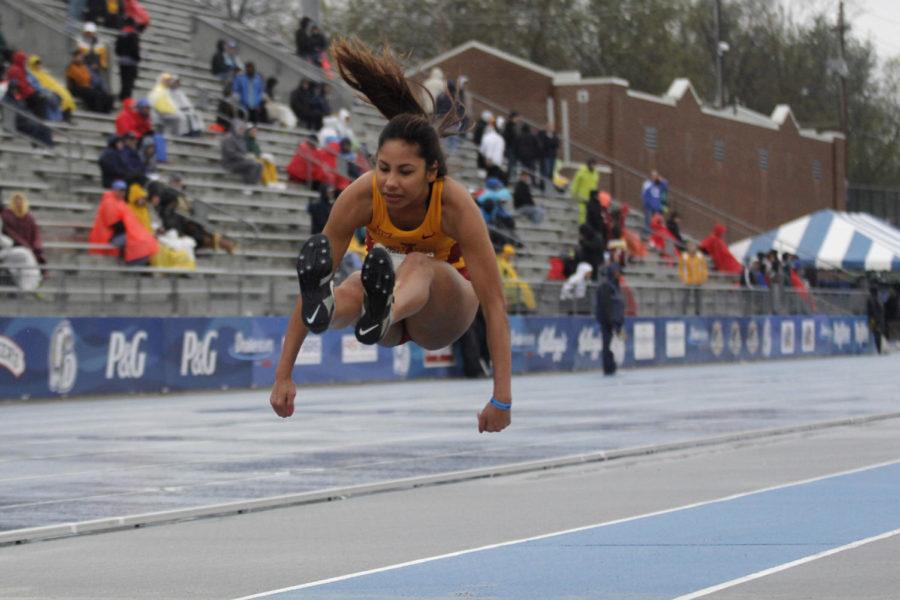 Freshman Jhoanmy Luque competes in the triple jump at the Drake Relays on April 25 in Des Moines.