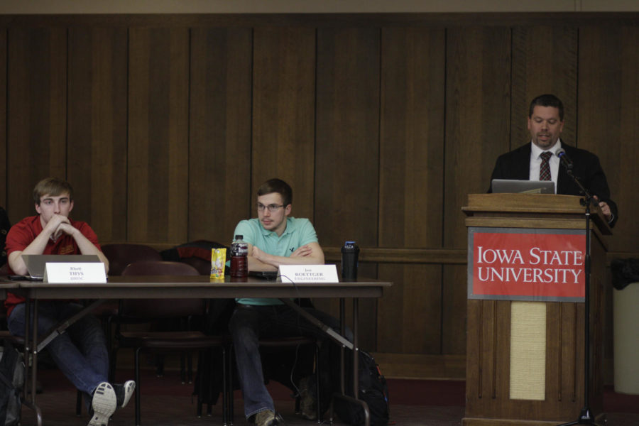 Jon Roettger and Rhett Thys listen to guest speaker, Aaron Delashmutt, the ISU Police Chief at the Student Government meeting. The meeting took place on Mar. 2 at 7:00 at the Memorial Union. Delashmutt talked about safety and other topics.