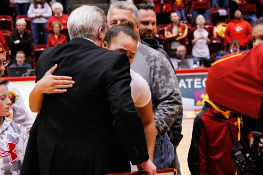 Head coach Bill Fennelly and senior Kidd Blaskowsky share a hug during senior night, on March 1 in Hilton Coliseum. 