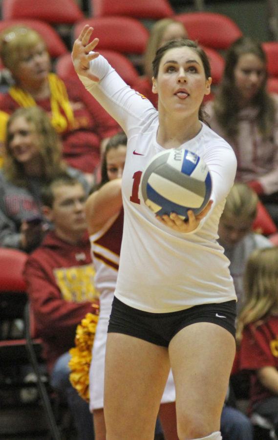 Sophomore Branen Berta prepares to serve against Oklahoma.The Cyclones beat the Sooners 3 sets to 1.