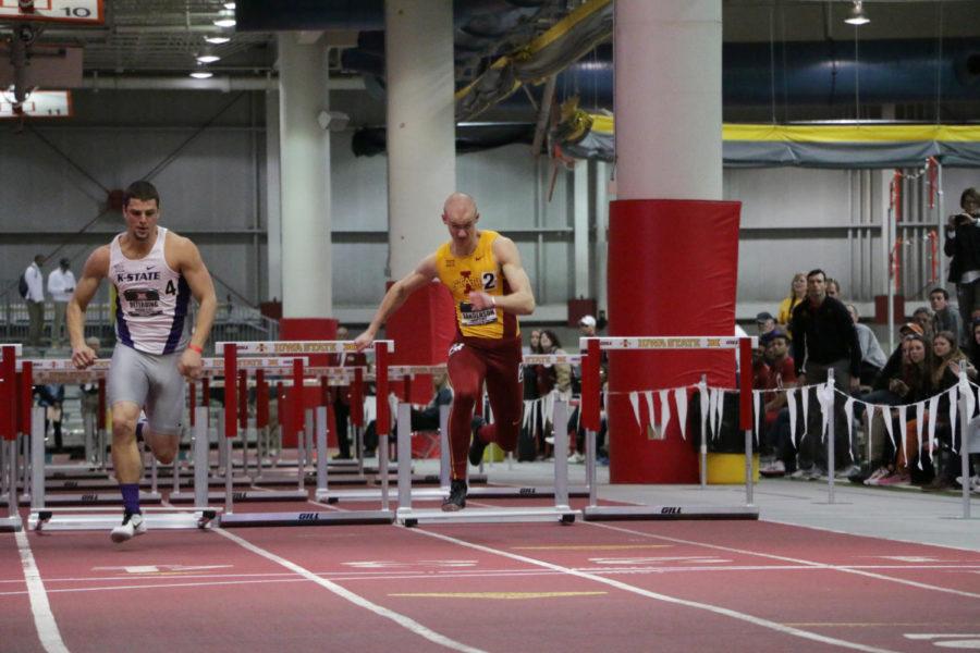 Senior+Taylor+Sanderson+runs+toward+the+finish+line+during+the+60-meter+hurdles+as+part+of+the+mens+heptathalon+at+the+Big+12+Indoor+Championships+held+at+the+Lied+Rec+Center+on+Feb.+27.+Sanderson+placed+third+with+a+time+of+8.25+seconds.
