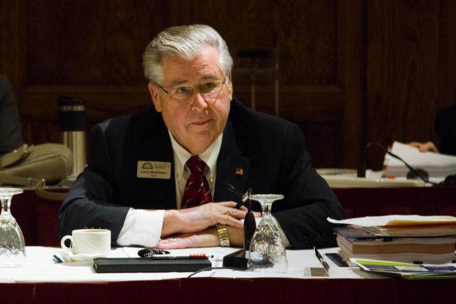 Iowa Board of Regents member Larry McKibben speaks during a meeting in the Great Hall of the MU on Feb 25. 