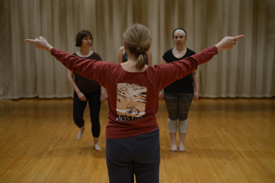 Producer of CoMotion Dance Theater Valerie Williams directs a group of dancers during the rehearsal for Mozart in the Closet on Feb. 27 in the Toman Studio.