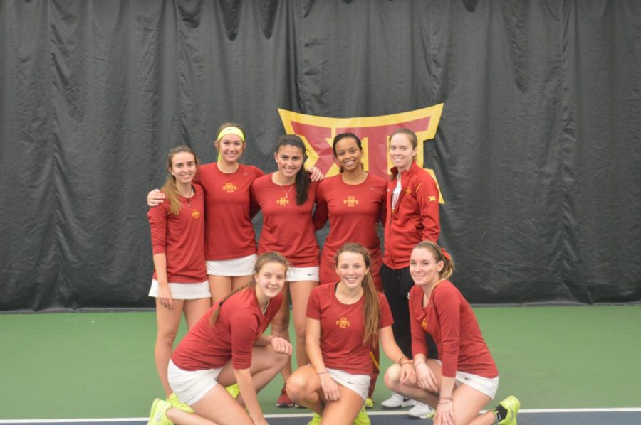 The ISU tennis team poses after a 4-0 victory against UNI on Feb. 22.