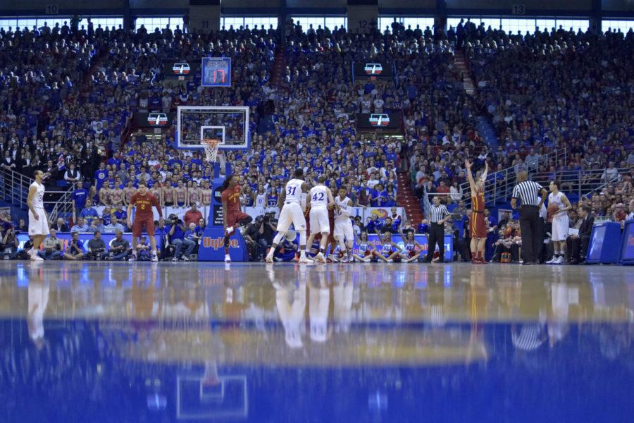 Iowa State and Kansas play in the first half on March 5, 2016 at Phog Allen Fieldhouse in Lawrence, Kansas.