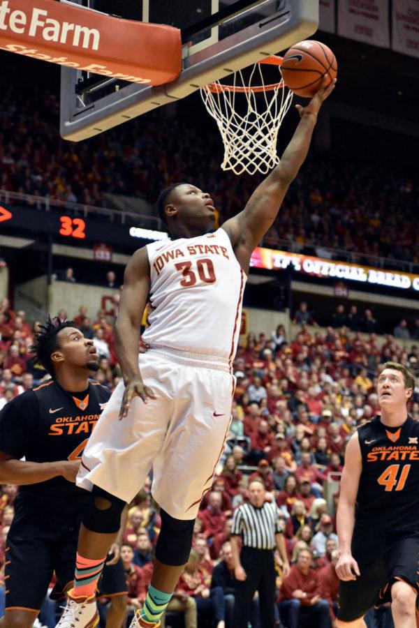 Redshirt junior Deonte Burton made four total rebounds at the final home game against Oklahoma State on March 1. ISU won 58-50.