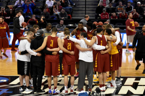 No. 4 seed Iowa State joins together at the end of practice for the NCAA Tournament on March 16. The team had 40 minutes to practice with coaches on the court of the Pepsi Center in Denver. ISU will face No. 13 seed Iona on March 17.